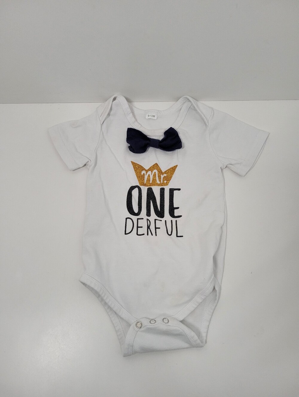 Mr. One-derful White Black Gold One Piece Bodysuit Outfit With Bow Tie 9-12m